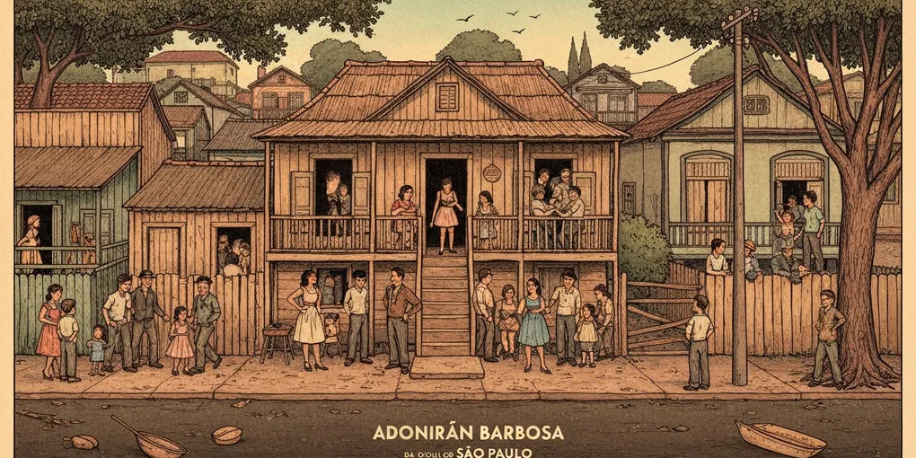 Pintura a óleo de uma casa antiga de madeira sendo demolida com a sombra de um edifício moderno ao fundo.