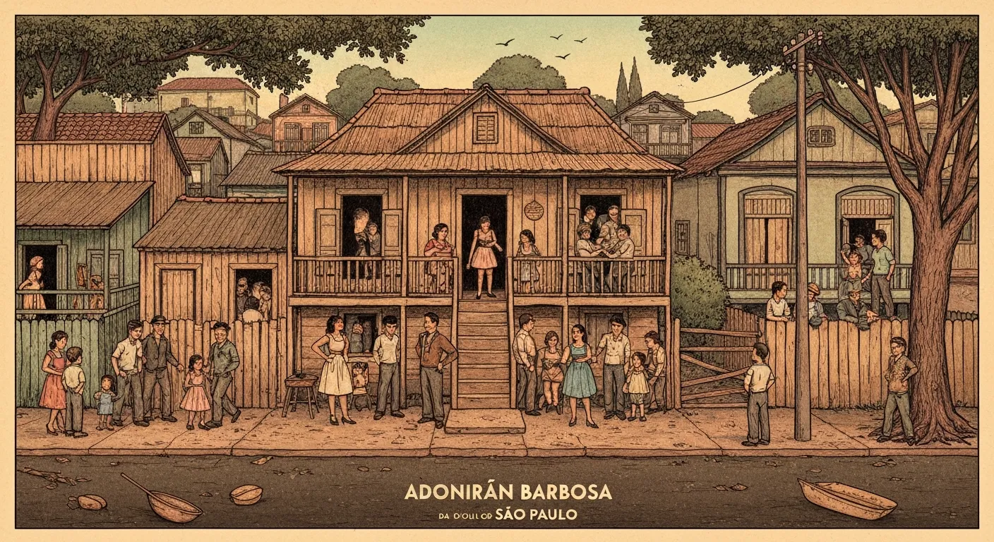 Pintura a óleo de uma casa antiga de madeira sendo demolida com a sombra de um edifício moderno ao fundo.