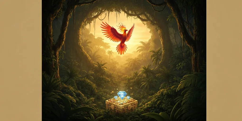 Ilustração mística: pássaro de fogo Urucumacuã sobre tesouro oculto na selva amazônica