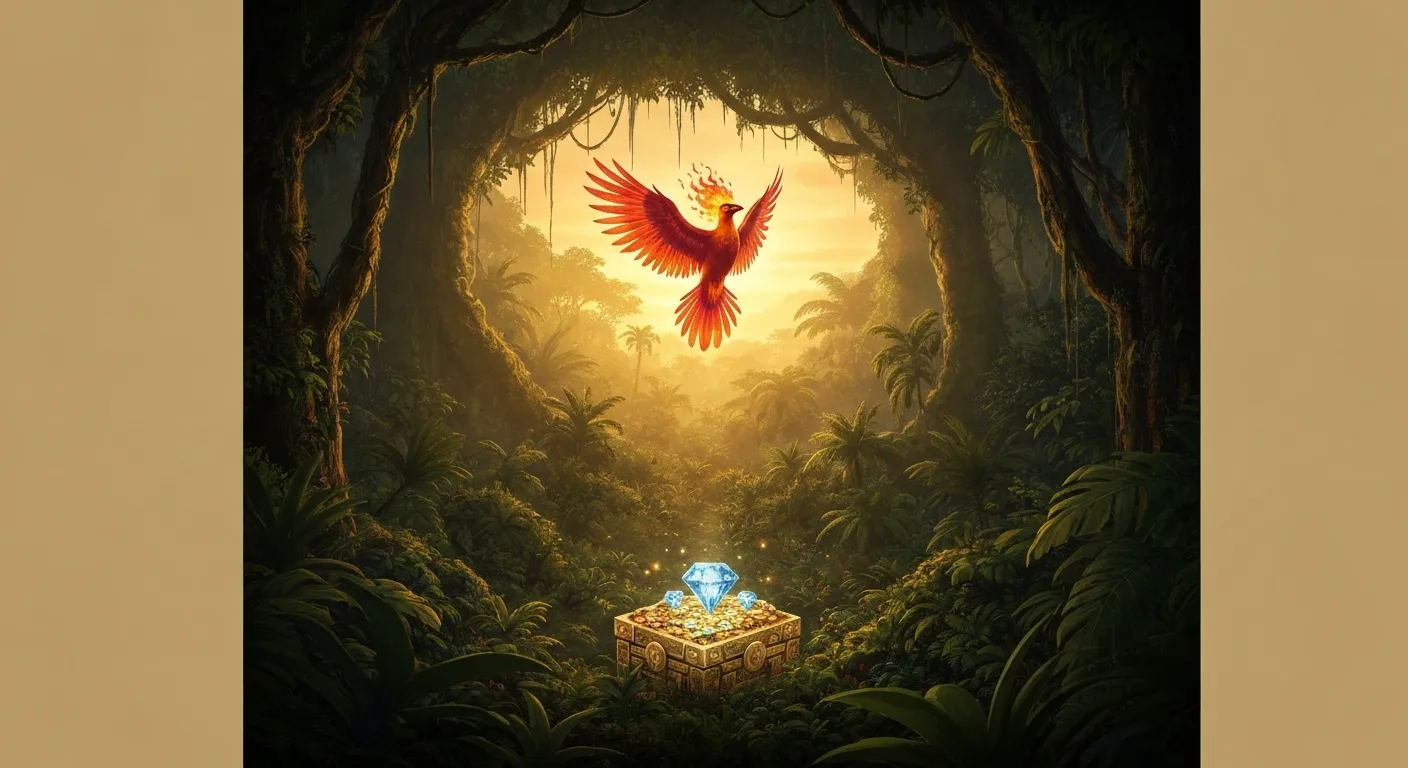 Ilustração mística: pássaro de fogo Urucumacuã sobre tesouro oculto na selva amazônica