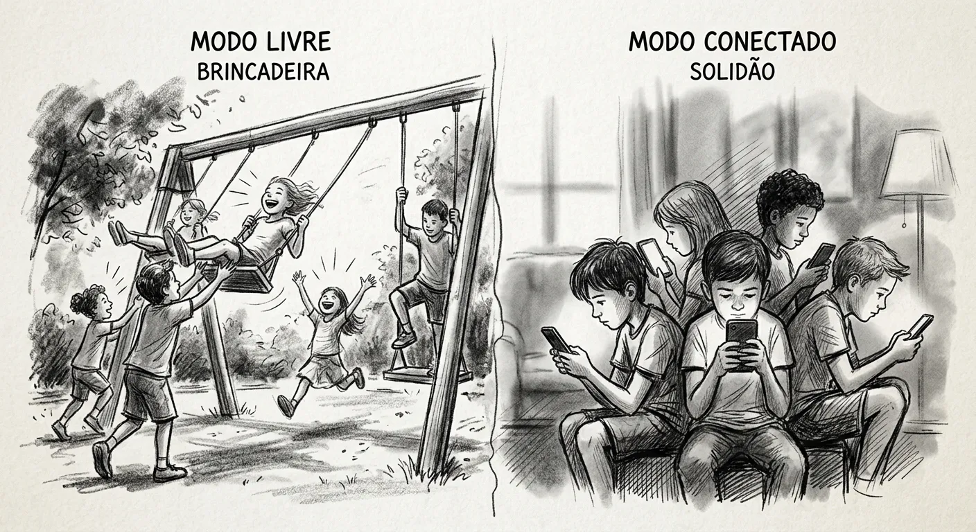 Antanho e agora — crianças no balanço à esquerda, crianças no celular à direita