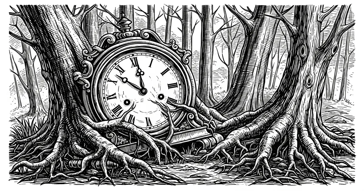 Relógio antigo parado na floresta.