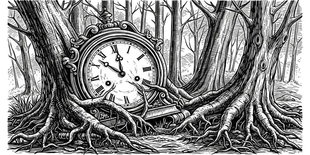 Relógio antigo parado na floresta.