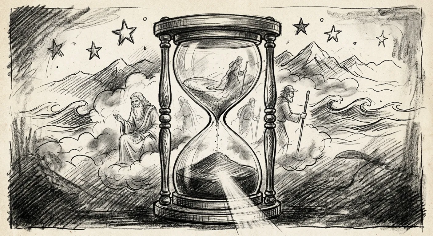 A ampulheta do tempo — os sábios nas areias e a luz irrompendo no final