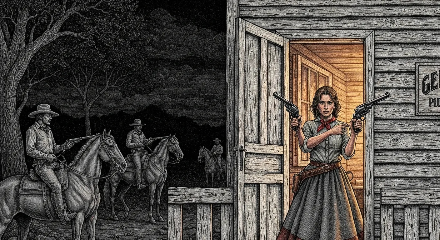 Dona Ingrácia na porta da bodega, revólver em punho — bico de pena