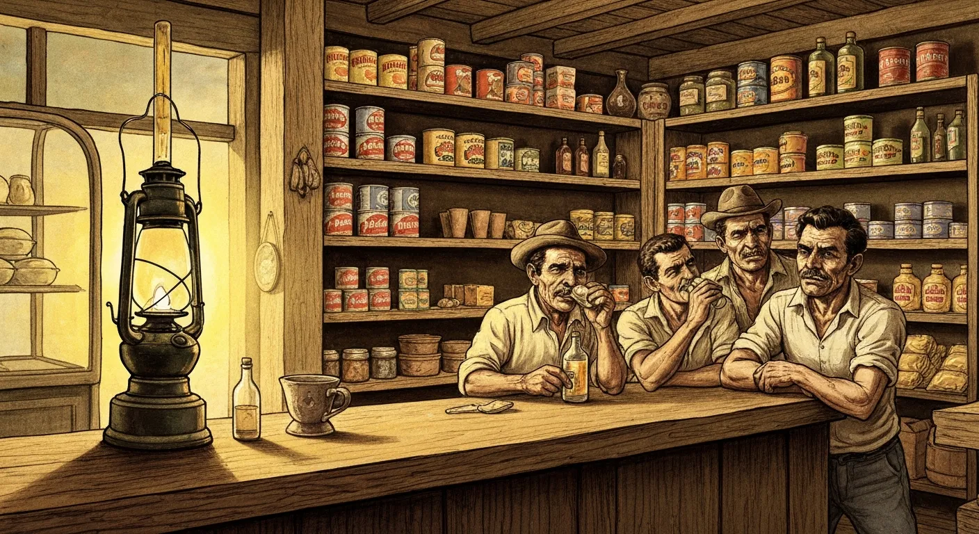 O ambiente da bodega — balcão de madeira, prateleiras, homens chegando de chapéu e facão