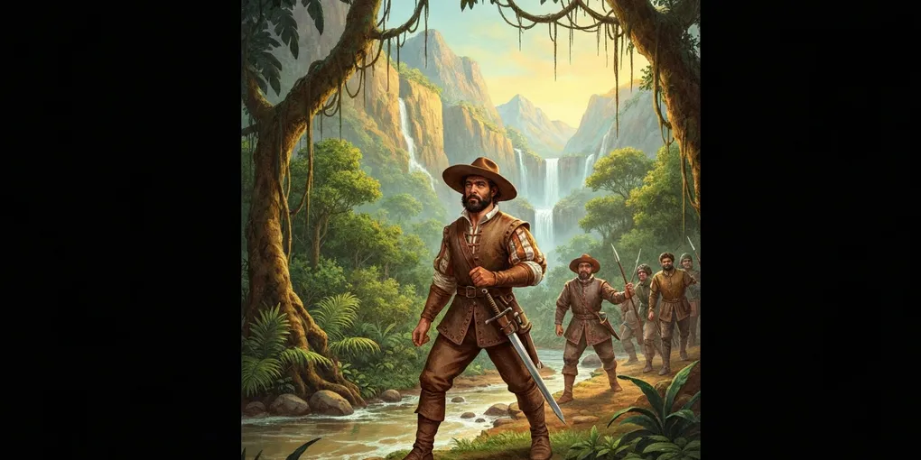 Pintura a óleo de Núñez Cabeza de Vaca, náufrago e esfarrapado, mas com pose arrogante na Baía de Babitonga.