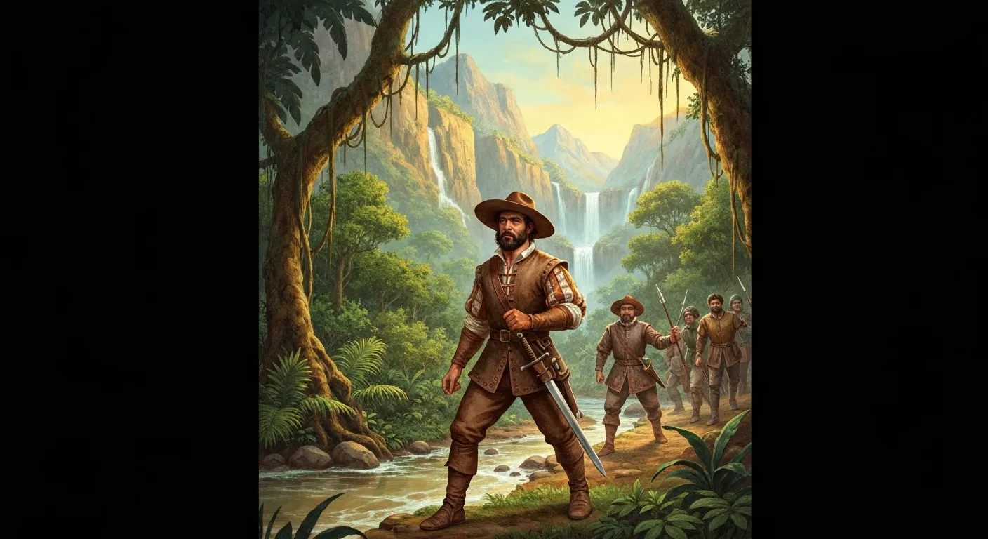 Pintura a óleo de Núñez Cabeza de Vaca, náufrago e esfarrapado, mas com pose arrogante na Baía de Babitonga.