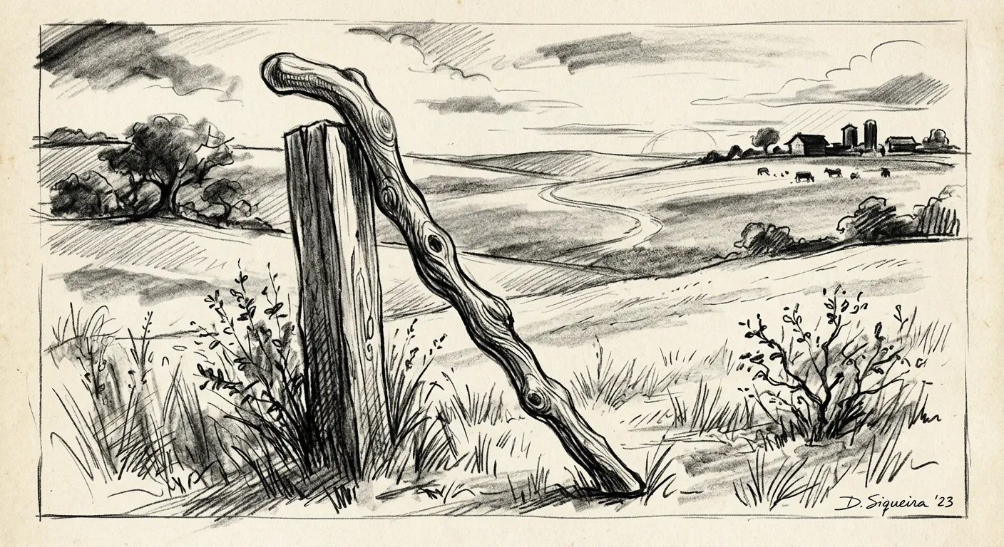 Cajado retorcido numa paisagem aberta — o tempo que mede, pesa e põe preço