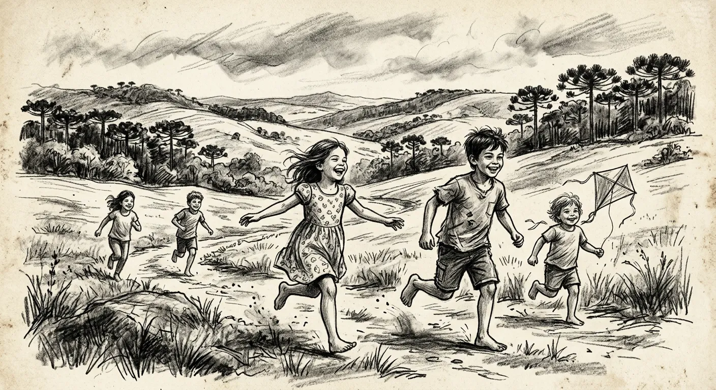 Crianças brincando no campo aberto, pinheiros ao fundo — o tempo de infância