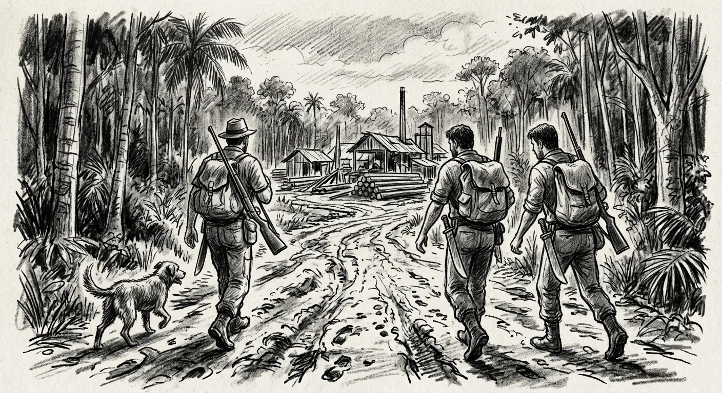 Homens de costas entrando na mata de Rondônia, serraria ao fundo e o cachorro do lado