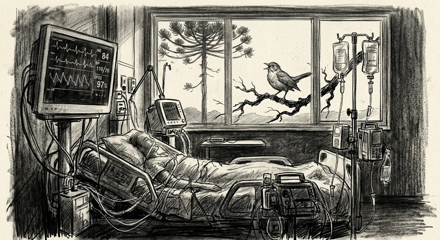 UTI — aparelhos em primeiro plano, janela ao fundo com o pinheiro e o sabiá