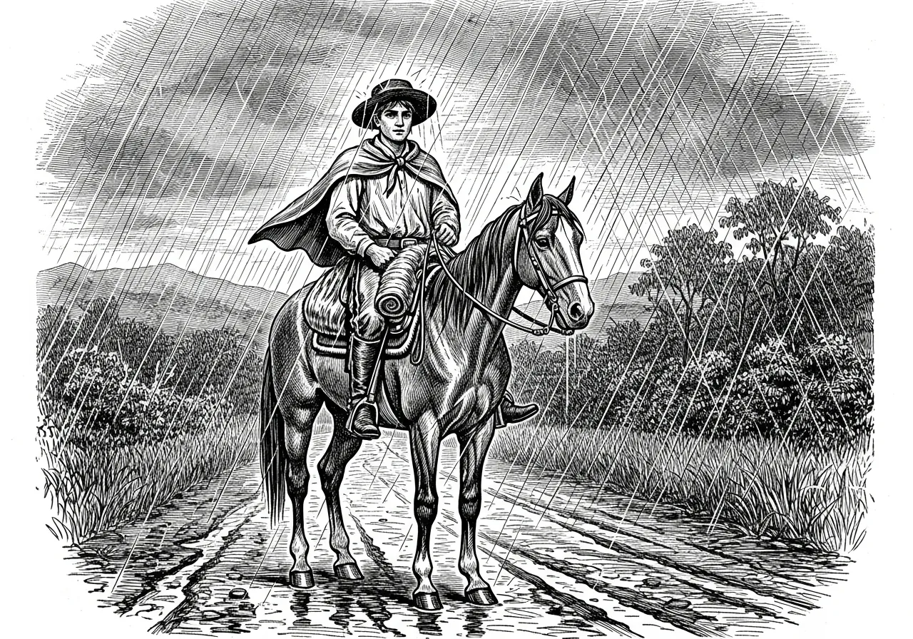 Jovem gaúcho cavalgando no Alazão na chuva, capa e chapéu de feltro molhados.