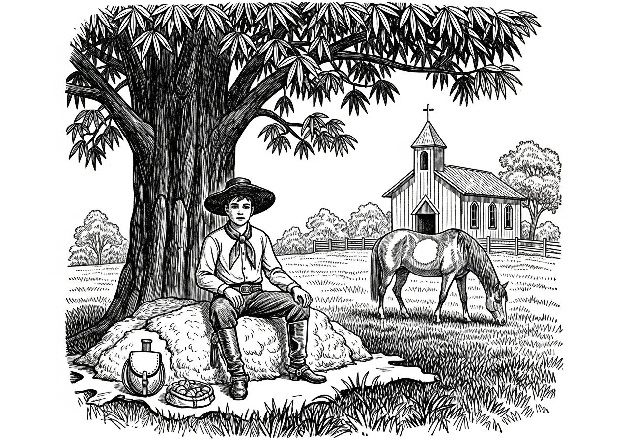 O guri no Alazão descansando na sombra do cinamomo.