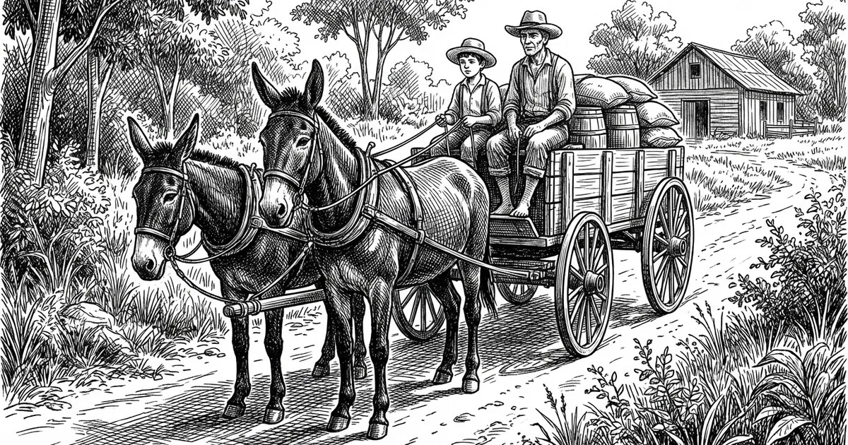 Dois homens em uma carreta puxada por burros numa estrada de terra, gravura em preto e branco estilo jornal.