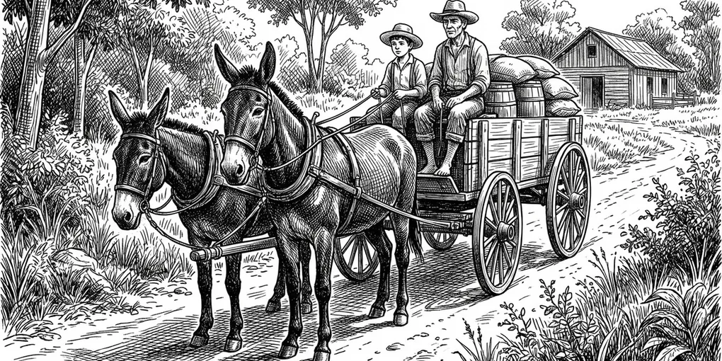 Dois homens em uma carreta puxada por burros numa estrada de terra, gravura em preto e branco estilo jornal.