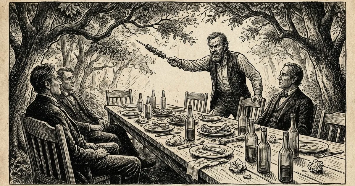 Mesa longa sob o arvoredo, o homem bravo com o espeto em riste