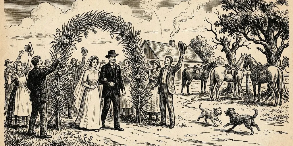 Mesa longa de banquete sob o arvoredo, após a festa.