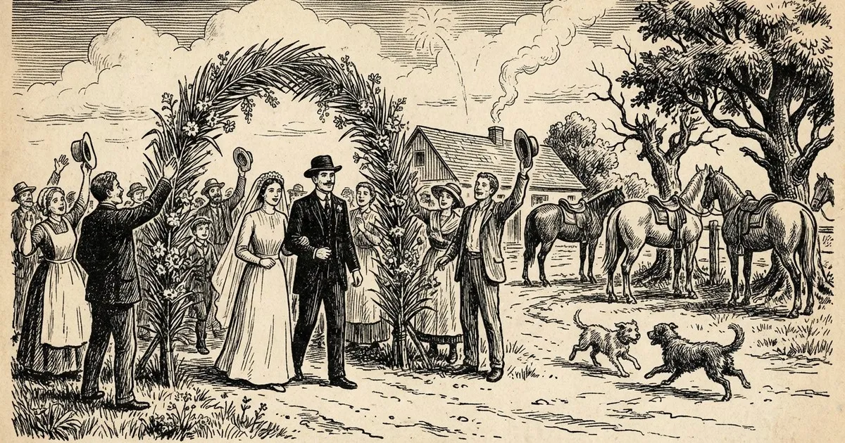 Mesa longa de banquete sob o arvoredo, após a festa.