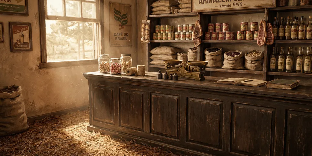 Antigo balcão de secos e molhados no Paraná antigo em meio ao frio das araucárias.