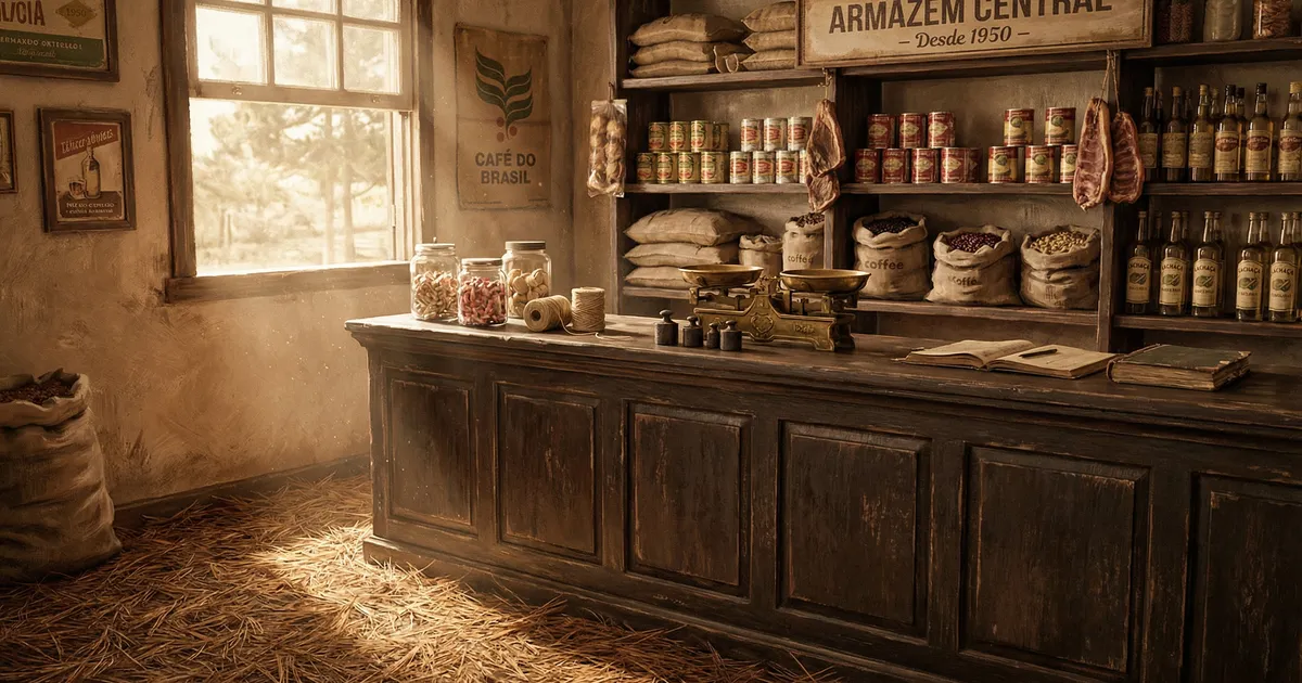 Antigo balcão de secos e molhados no Paraná antigo em meio ao frio das araucárias.