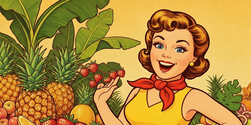 Pintura de um cacho de bananas maduras em uma fruteira de madeira em uma varanda tropical.