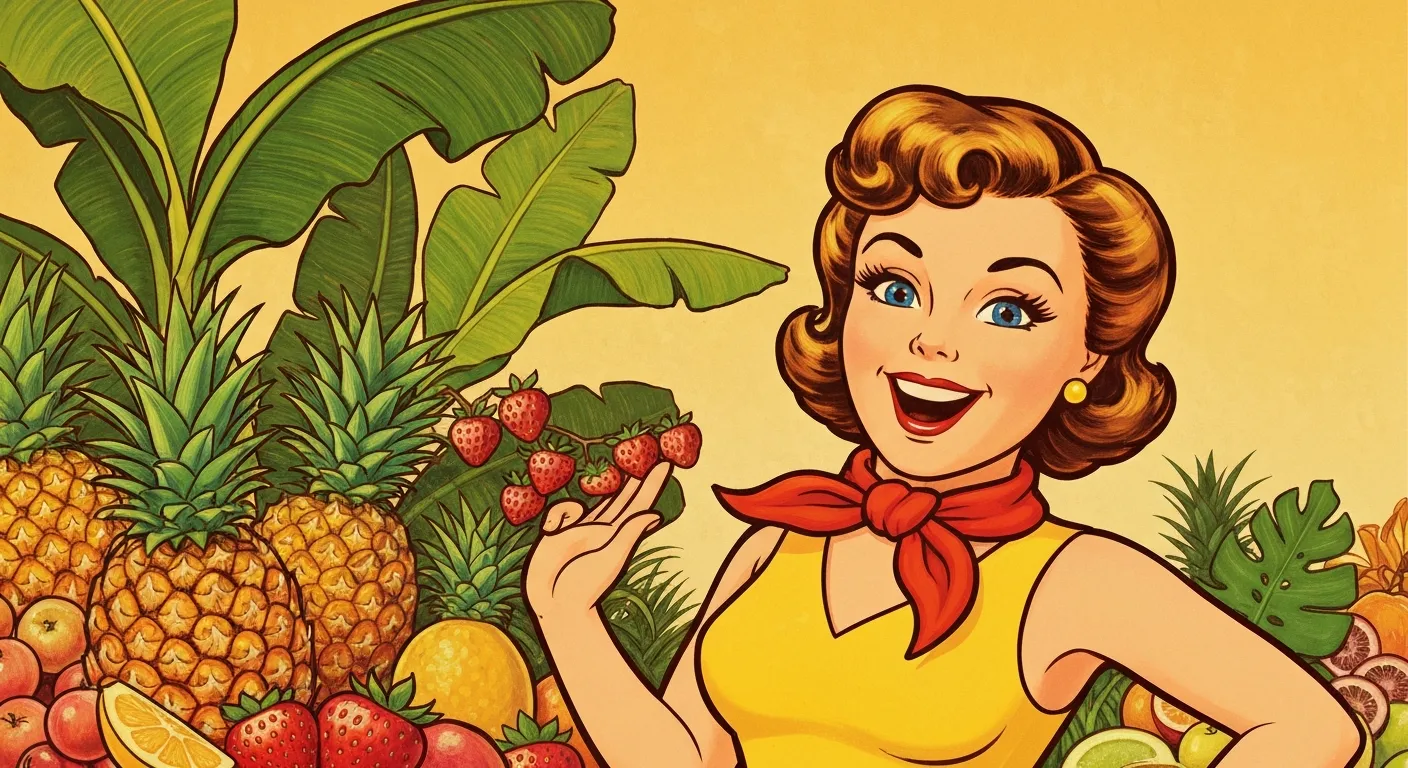 Pintura de um cacho de bananas maduras em uma fruteira de madeira em uma varanda tropical.