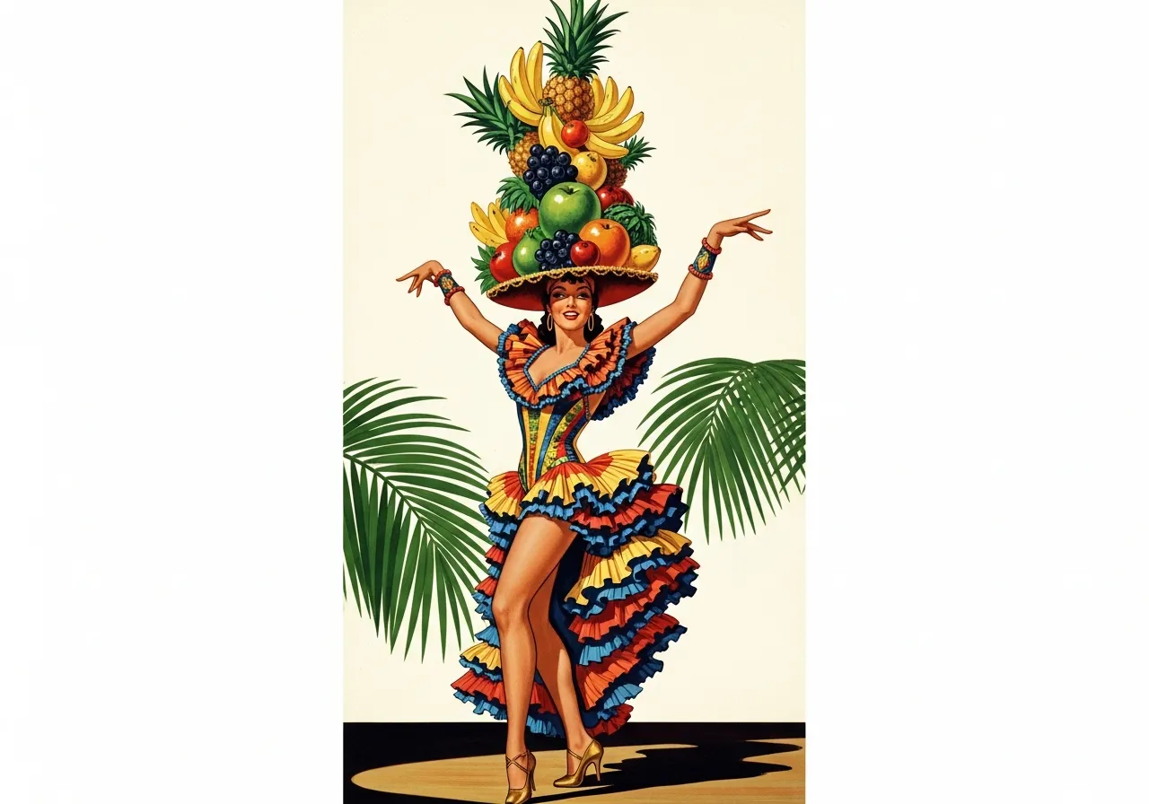 Alegoria à Chiquita Banana — estilo Hollywood anos 40, chapéu de frutas tropicais, rumbeira no palco.
