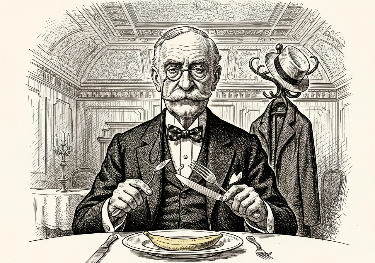 O gentleman à mesa, com garfo e faca, diante do prato de porcelana fina.