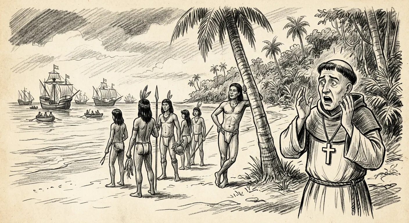 Índios na praia observando as caravelas chegarem — como quem já sabia de tudo