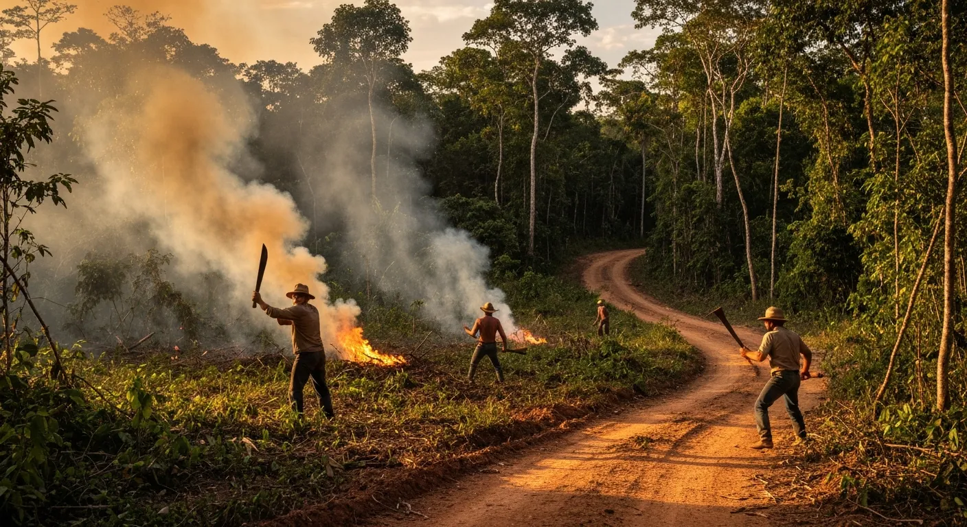 Pioneiros abrindo caminho na floresta amazônica, construindo Rondônia nos anos 1970