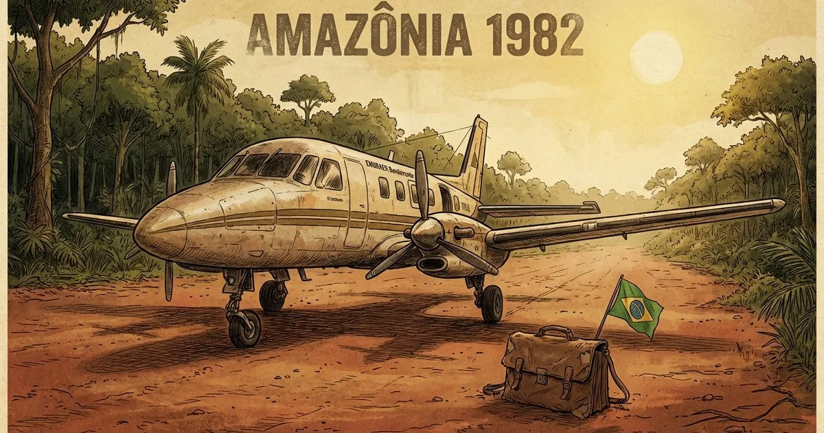 Pequeno avião propulsor numa pista de terra vermelha no meio da floresta amazônica.