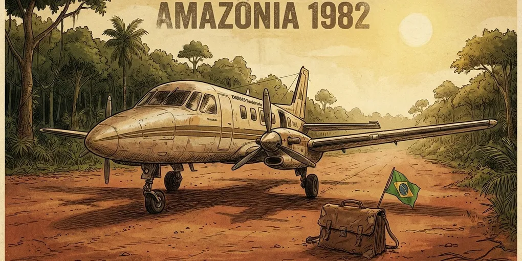 Pequeno avião propulsor numa pista de terra vermelha no meio da floresta amazônica.