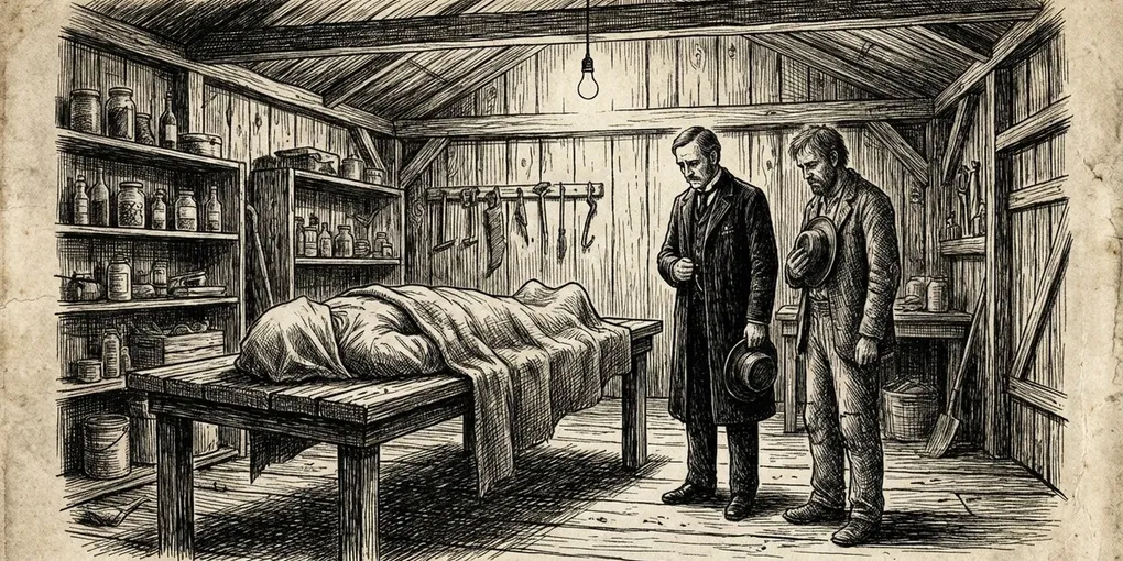 Cadáver sobre mesa rústica com dois homens contemplando, gravura em preto e branco estilo jornal.