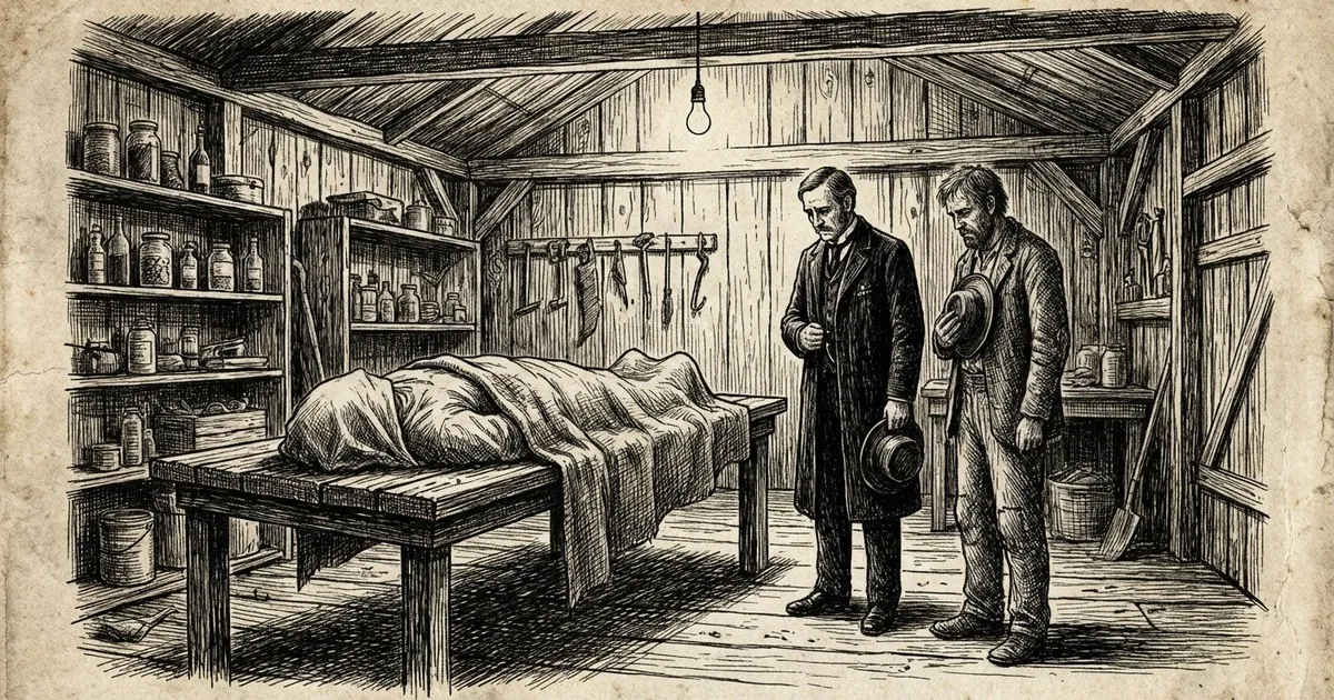 Cadáver sobre mesa rústica com dois homens contemplando, gravura em preto e branco estilo jornal.