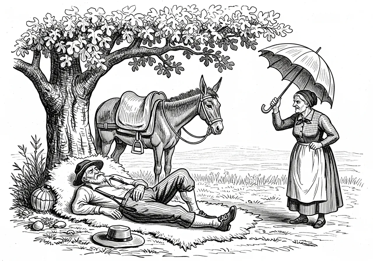 A Amantina com o guarda-chuva encontra o Franquelim dormindo sob a figueira.