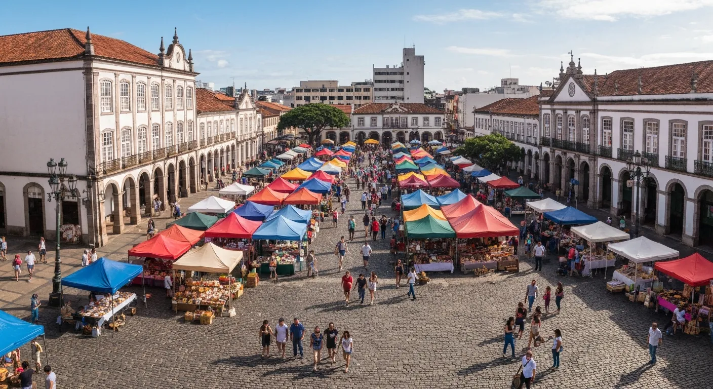 Foto histórica colorida da feira do Largo da Ordem em Curitiba, com carroças puxadas a cavalo na praça de paralelepípedos.