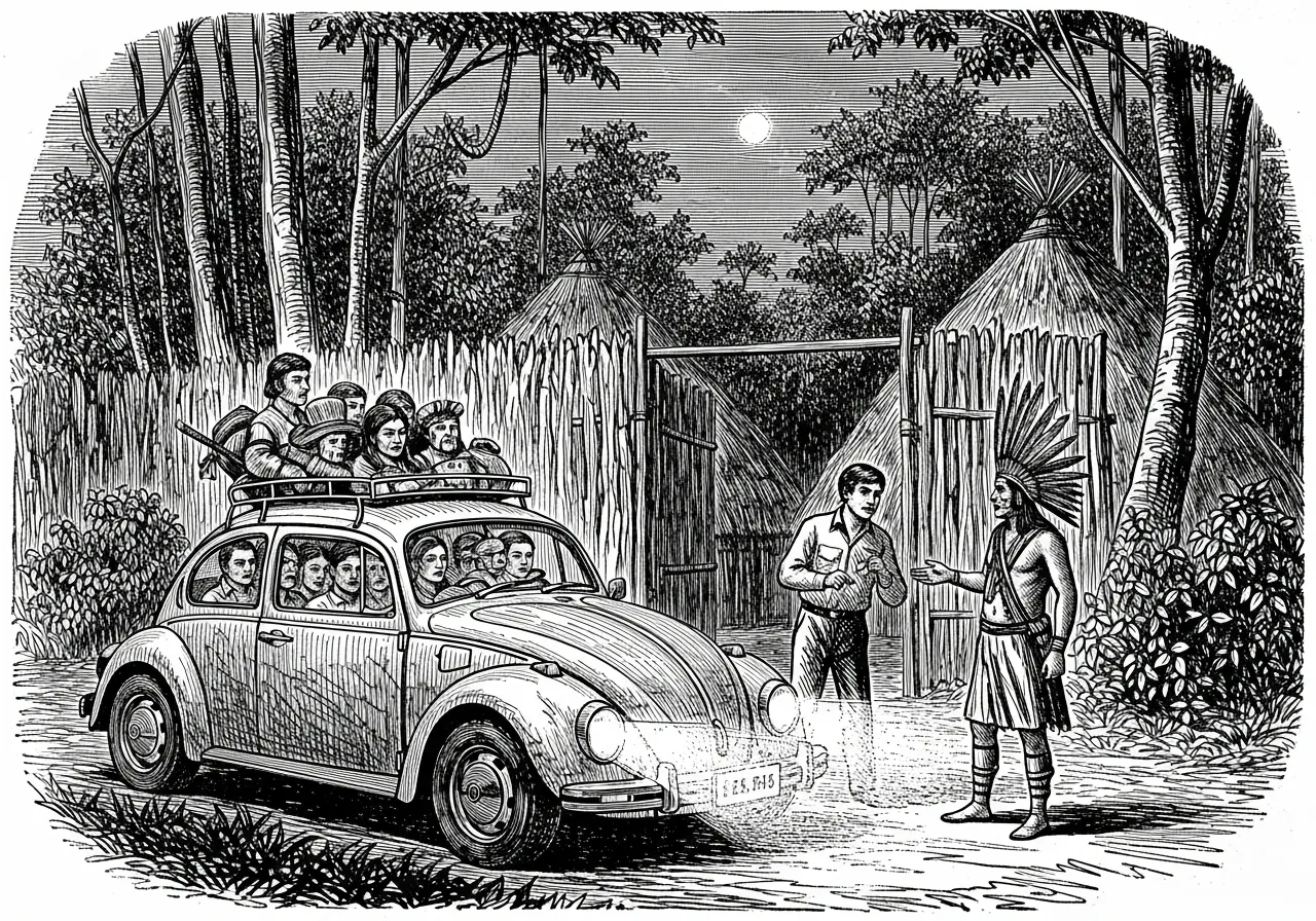 O fusca parado na entrada da aldeia — o motorista negociando com o cacique à noite.
