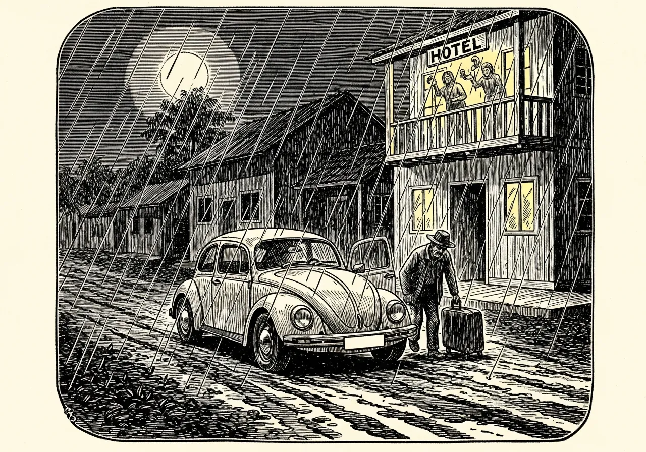 A chegada em Cacoal — a varanda iluminada do Hotel Decolares, única luz na rua escura e chuvosa.