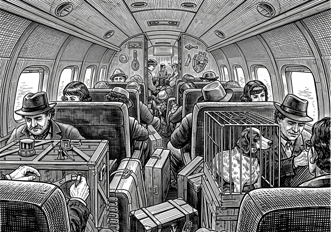 O bimotor da TABA — malas, caixotes e a gaiola do cão de caça.