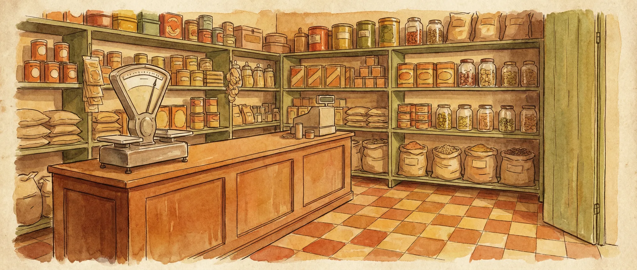 Interior de um antigo armazém de secos e molhados, com balcão de madeira, prateleiras cheias de produtos e luz natural entrando por uma janela.