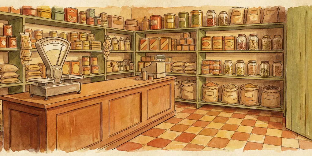 Interior de um antigo armazém de secos e molhados, com balcão de madeira, prateleiras cheias de produtos e luz natural entrando por uma janela.