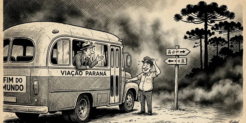 Ônibus parado na estrada do Paraná com araucárias ao fundo, passageiro confuso na janela.