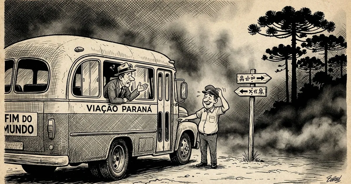 Ônibus parado na estrada do Paraná com araucárias ao fundo, passageiro confuso na janela.