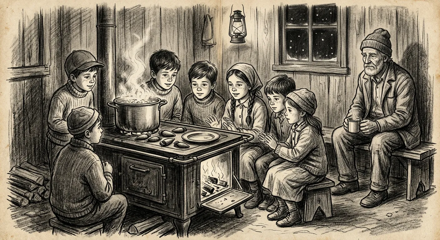 O pai observando a molecada ao redor do fogão — pinhões na chapa, batatas na panela