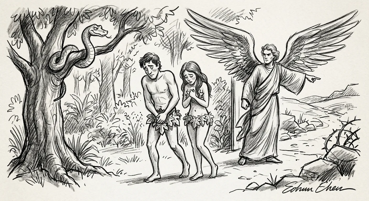Adão e Eva sendo expulsos do paraíso, envergonhados, enquanto a cobra assiste satisfeita