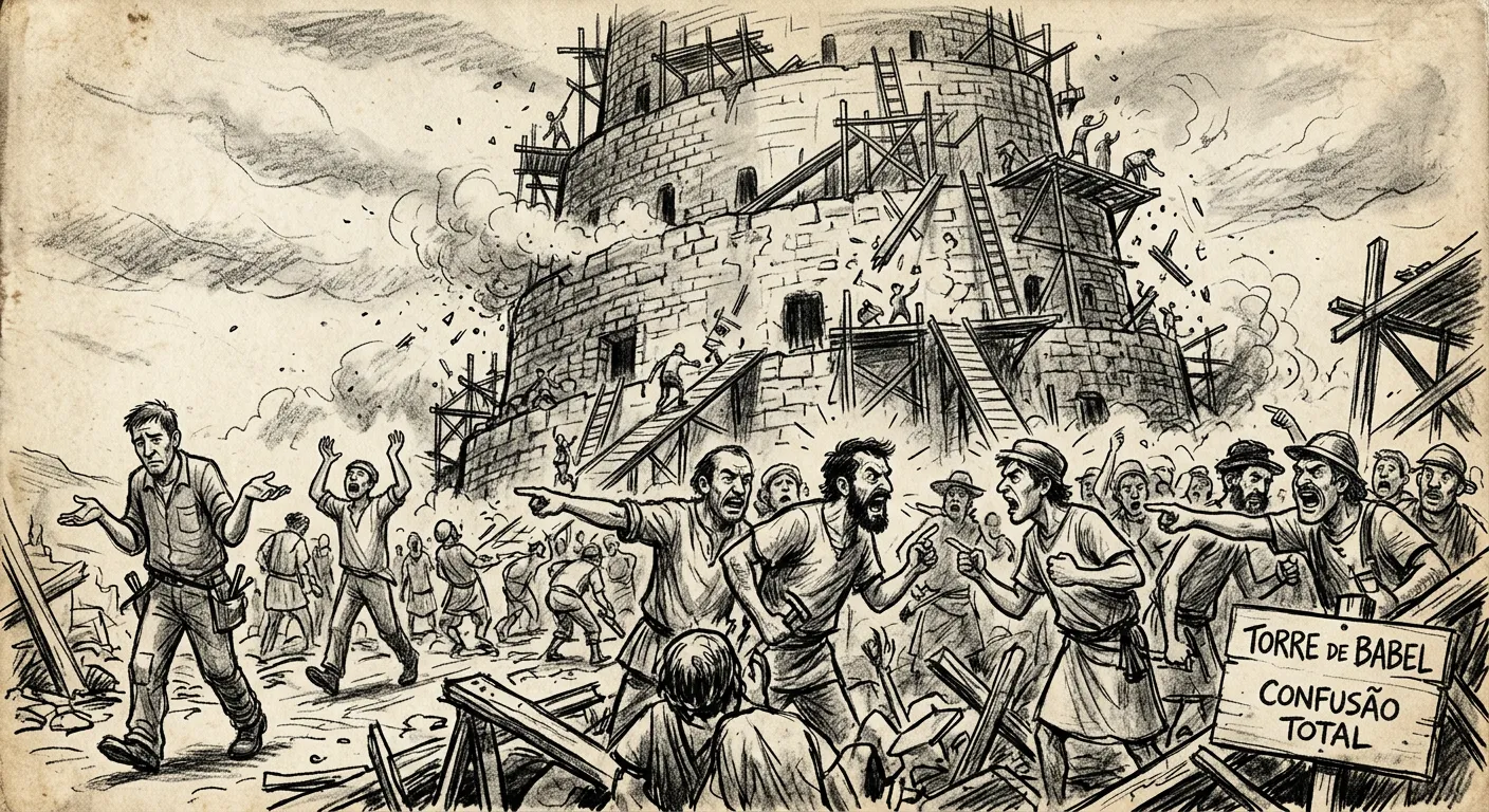 Torre de Babel: operários discutindo, cada um apontando numa direção diferente