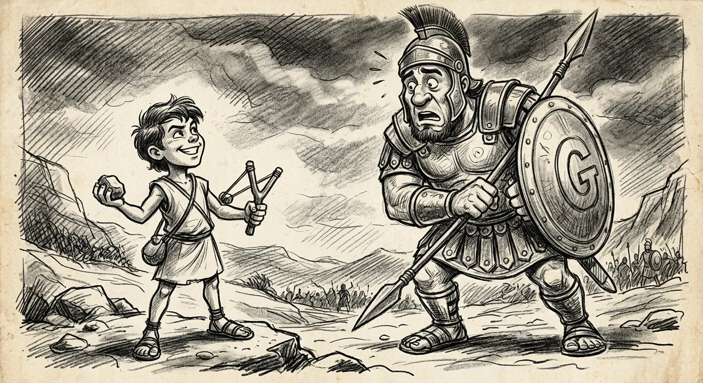 Davi com o estilingue, confiante, olhando para Golias que parece surpreso