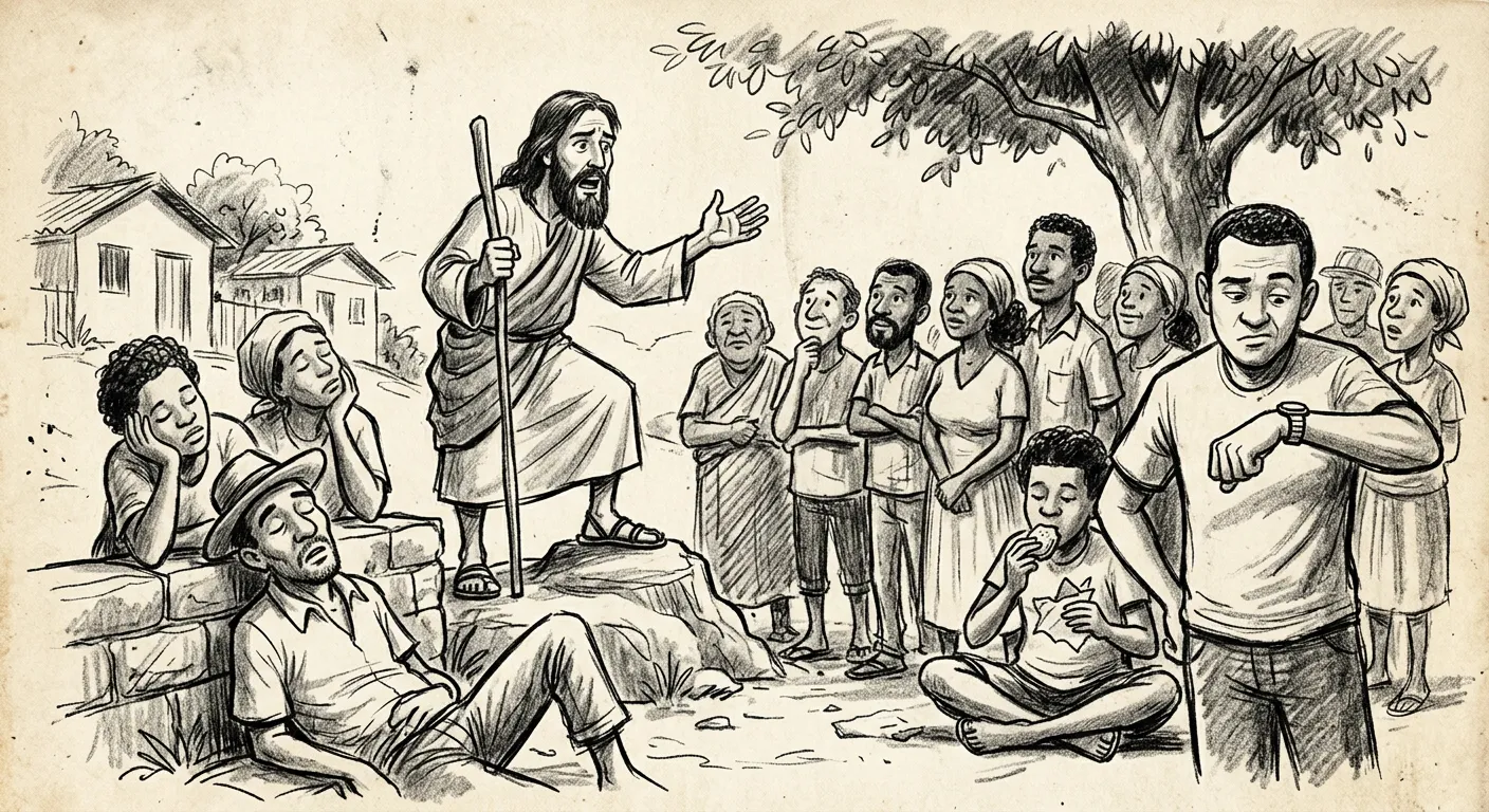 Jesus pregando, alguns no público cochilando, outro comendo, outro olhando o relógio