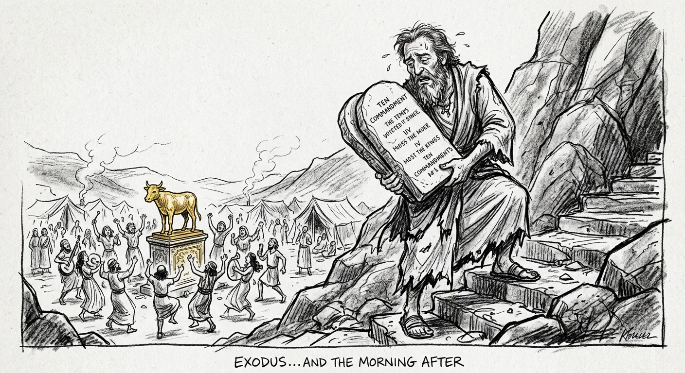 Moisés descendo o monte exausto com as tábuas, enquanto o povo festeja com o bezerro de ouro